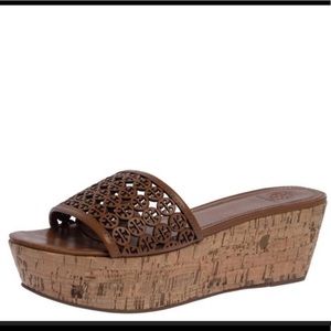 Tory Burch Leather Cut Out Logo Platform Wedge Slide Sandals